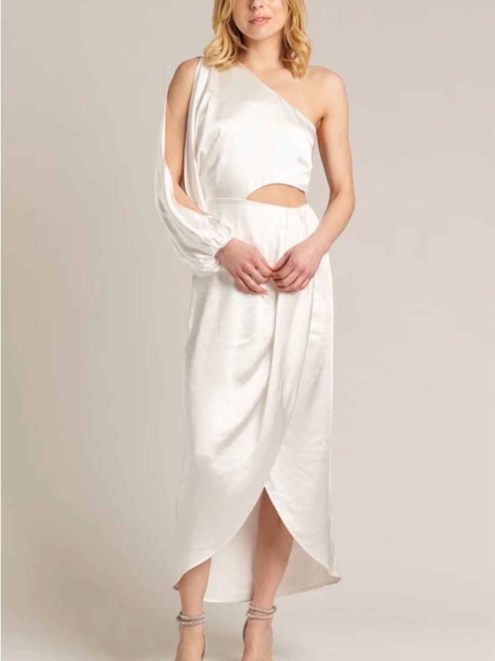 En-Crème One-Shoulder White Satin Cutout Midi Dress - Picture 4 of 10